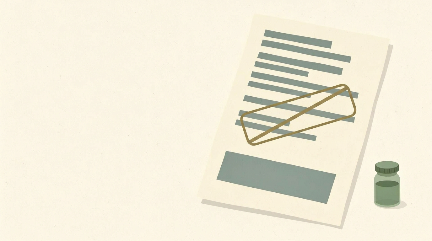 Editorial flat illustration of a billing statement document on a warm cream table with a stylized muted gold denial stamp marked across abstract gray text rows, a small sage green pill bottle beside it — a metaphor for retroactive Medicare Advantage emergency imaging denials in 2026