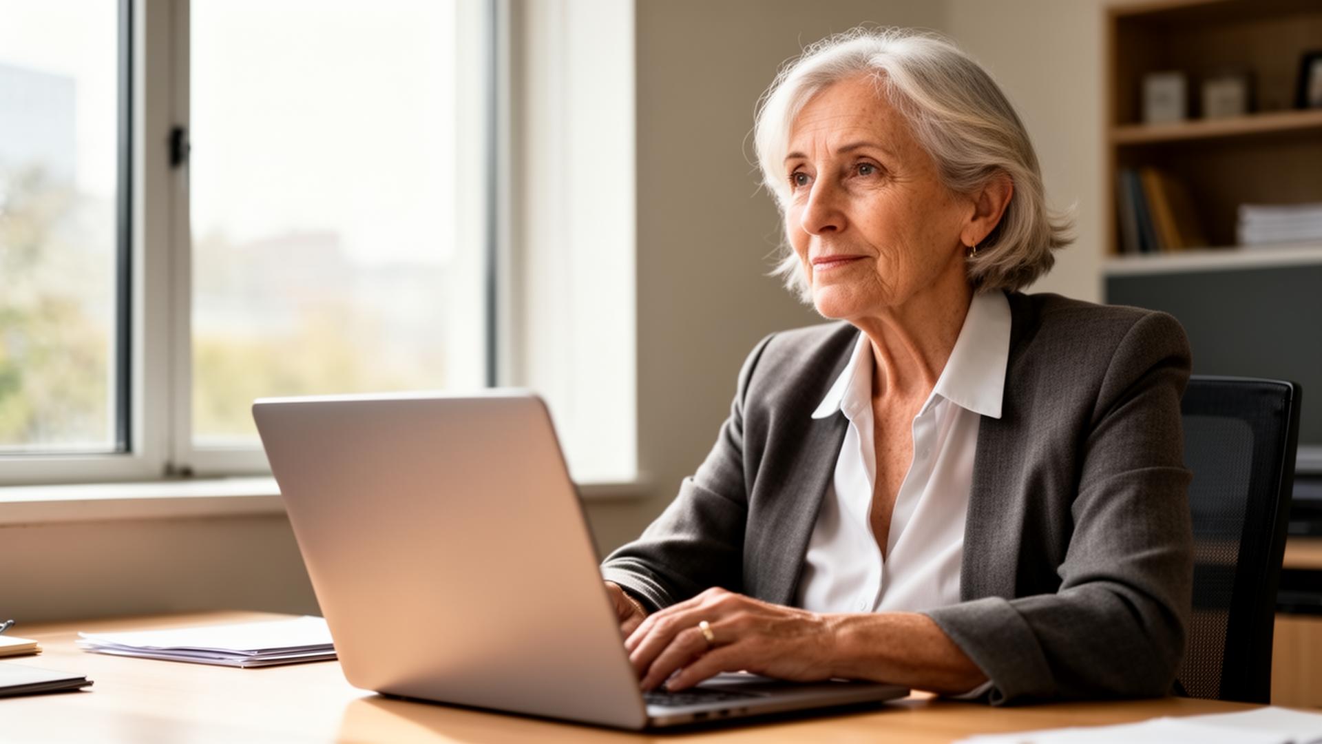 Older professional sitting at a desk with a laptop open, looking thoughtful during a workday in natural office light