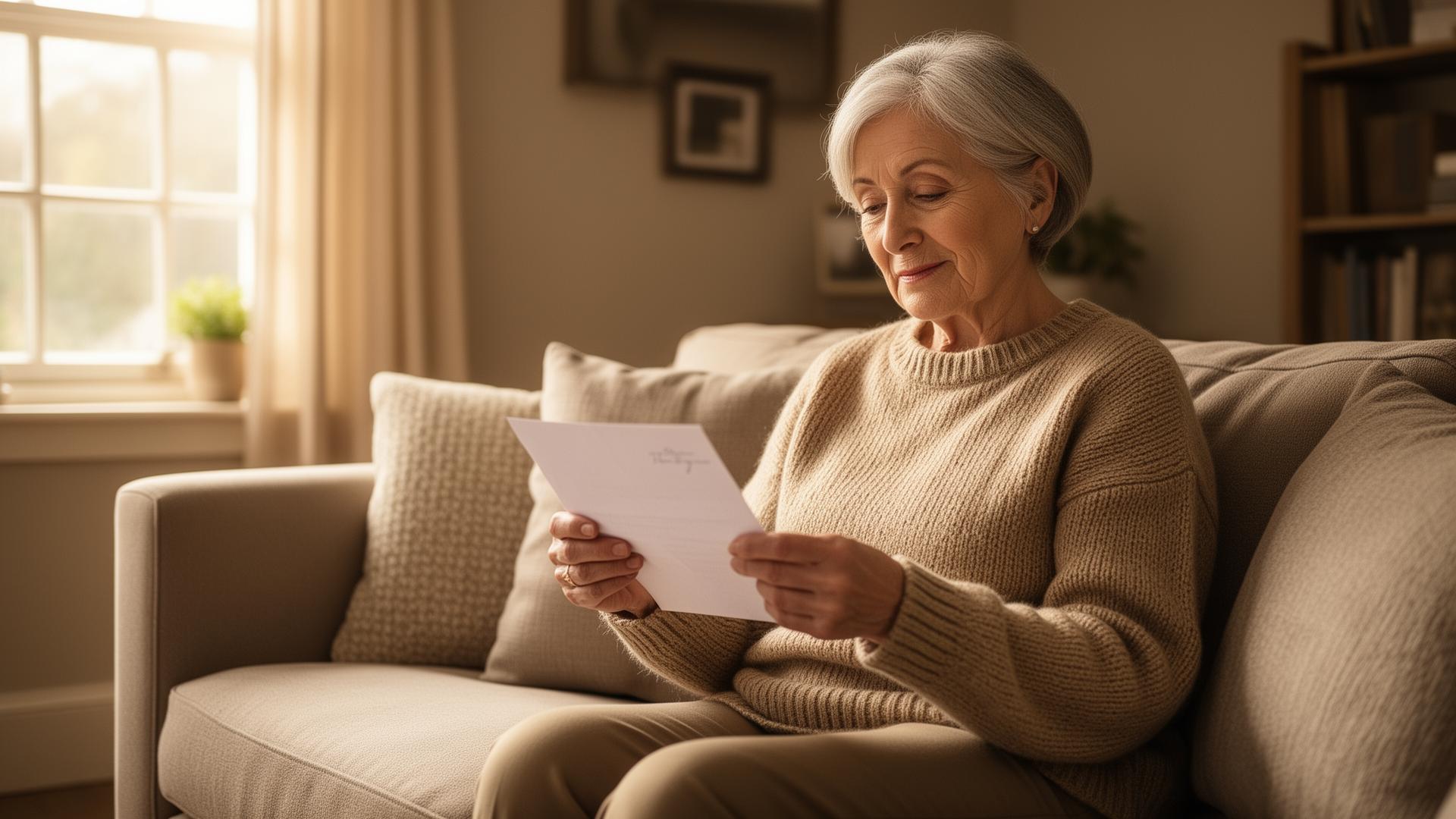Older adult calmly reading a letter at home in a bright living room, thoughtful expression