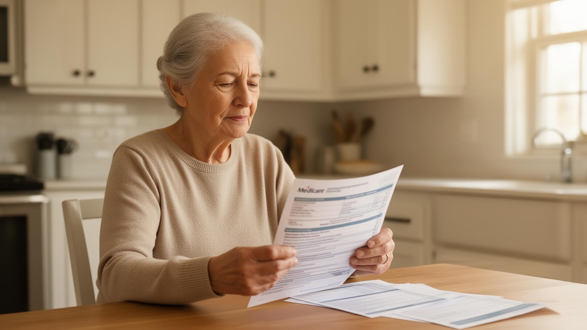Older adult calmly reviewing a Medicare statement at a home kitchen table with a thoughtful expression
