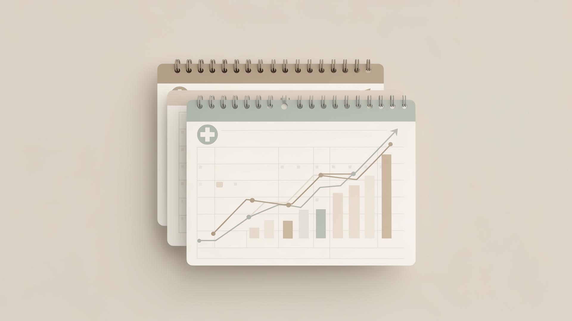 Minimal illustration of layered calendars and medical symbols with rising cost lines, calm neutral palette, abstract style