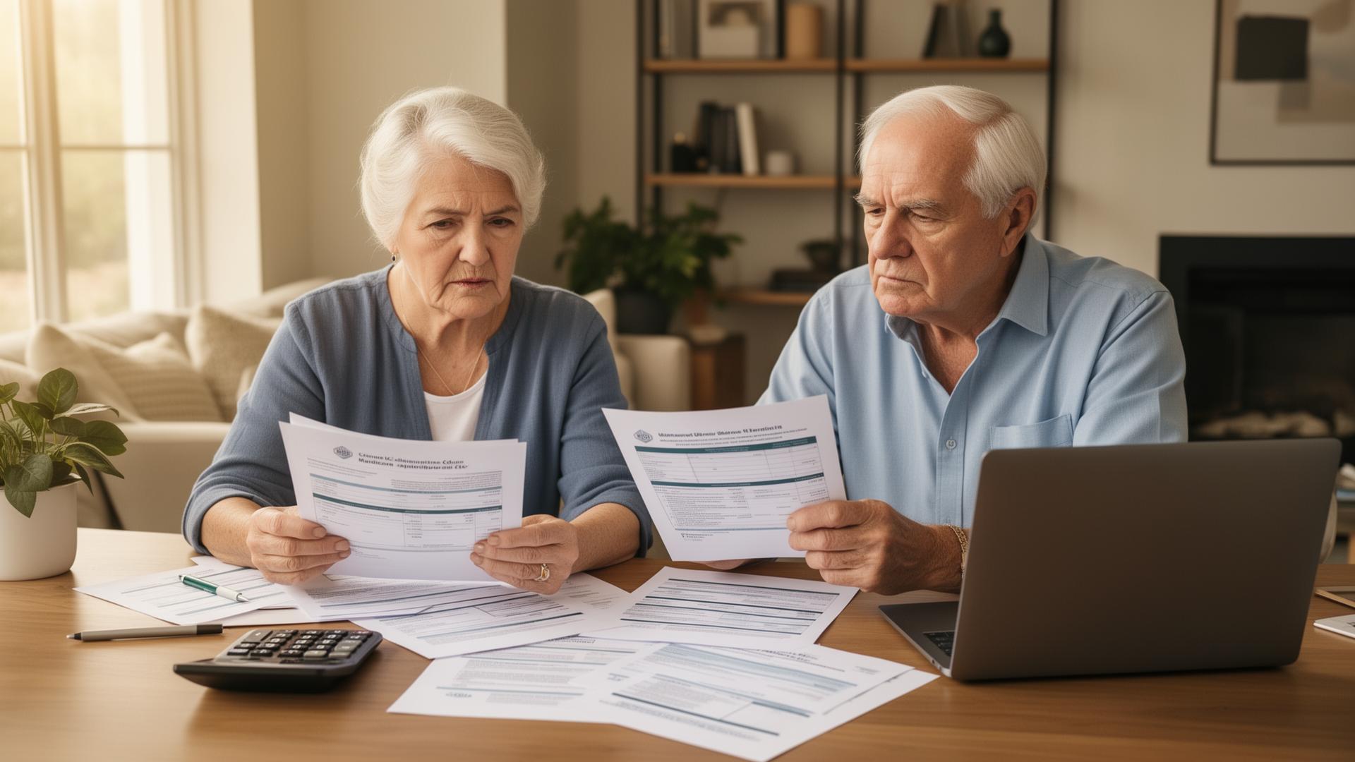 Senior couple reviewing Medicare documents with financial planning materials on a desk