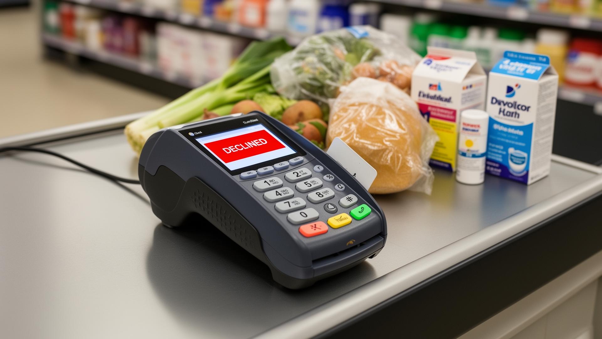 Retail checkout counter with a payment terminal showing a declined transaction, shopping items on the counter