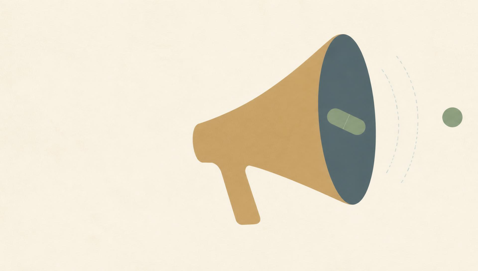 Editorial flat illustration of a muted gold megaphone with a single sage-green pill sitting silently inside its opening, symbolizing a Medicare benefit that isn't being announced