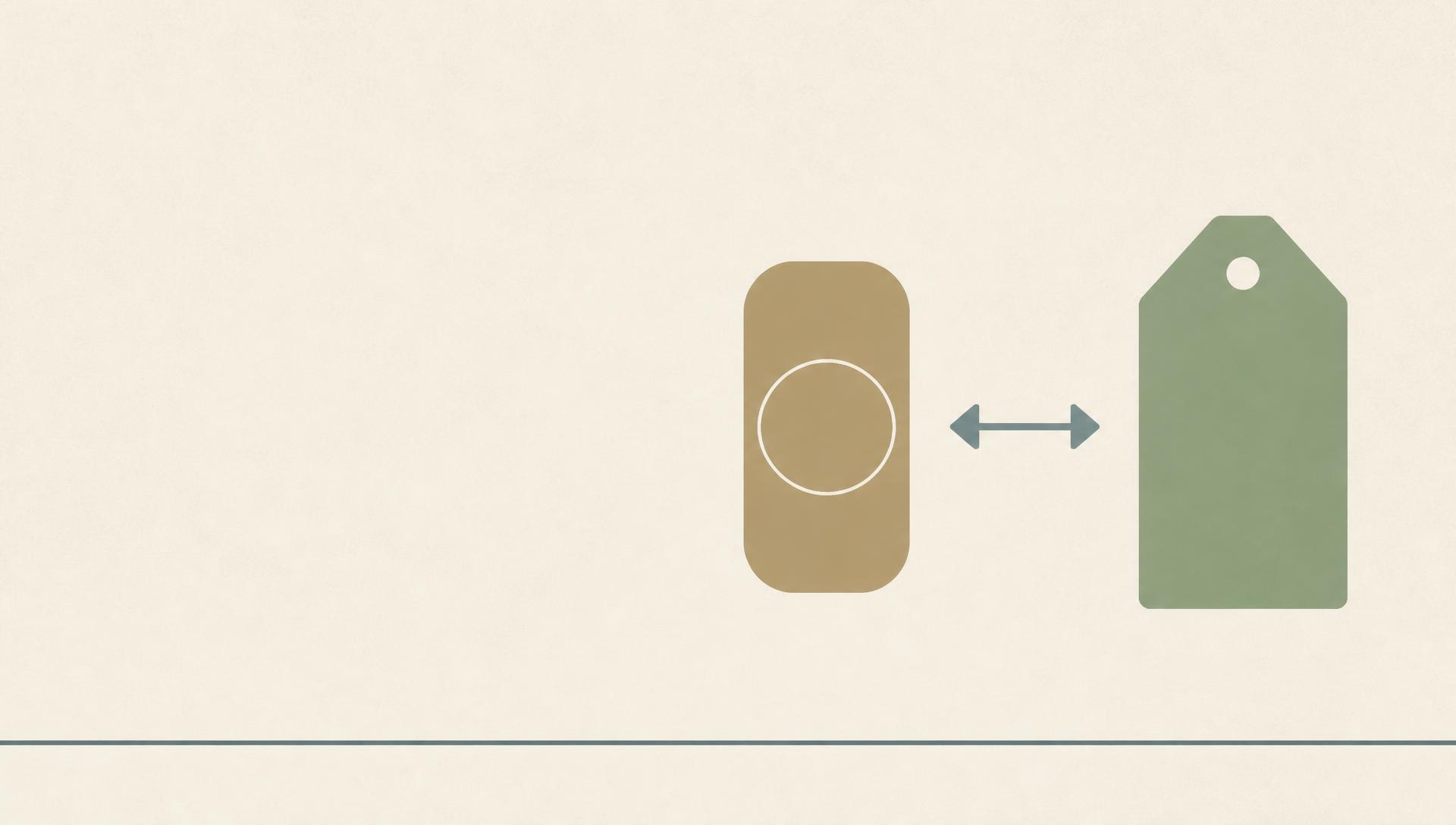 Editorial flat illustration of an abstract dusty gold wearable glucose sensor beside a muted sage green price tag, with a teal double-headed arrow marking the gap between them on a warm cream background