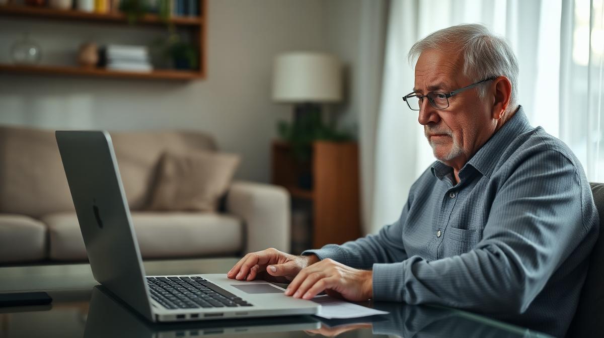 Older adult looking frustrated at laptop login screen with Medicare paperwork