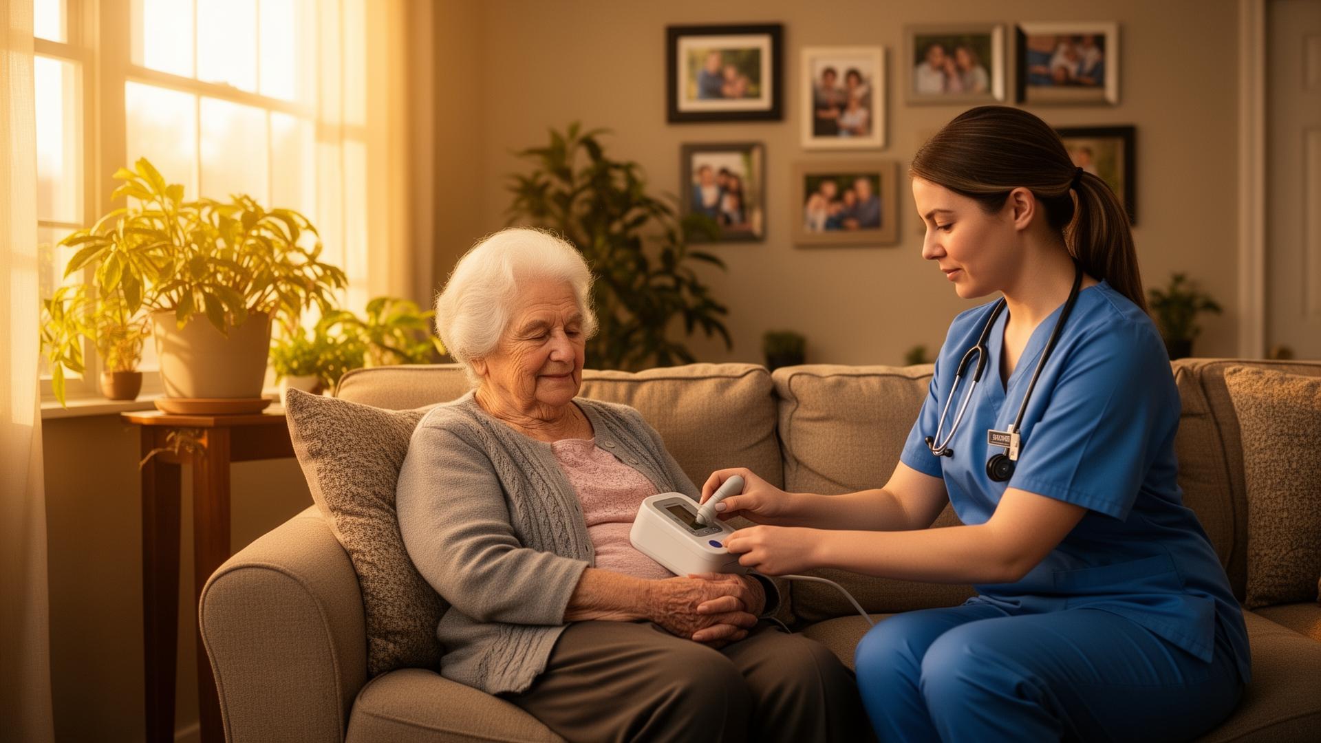 Senior receiving home health care visit from a medical professional