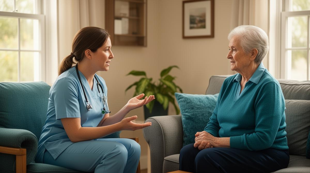 Home health nurse speaking calmly with an older adult patient in a living room setting
