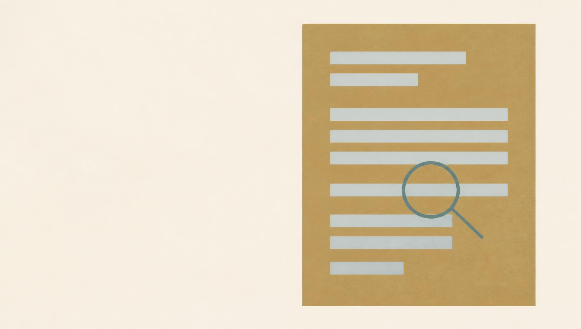 Editorial flat illustration of a dusty gold document with abstract pale blue-gray text lines on a warm cream background, with a small muted teal magnifying glass held over one section — representing carefully reviewing a Medicare Summary Notice for unauthorized claims