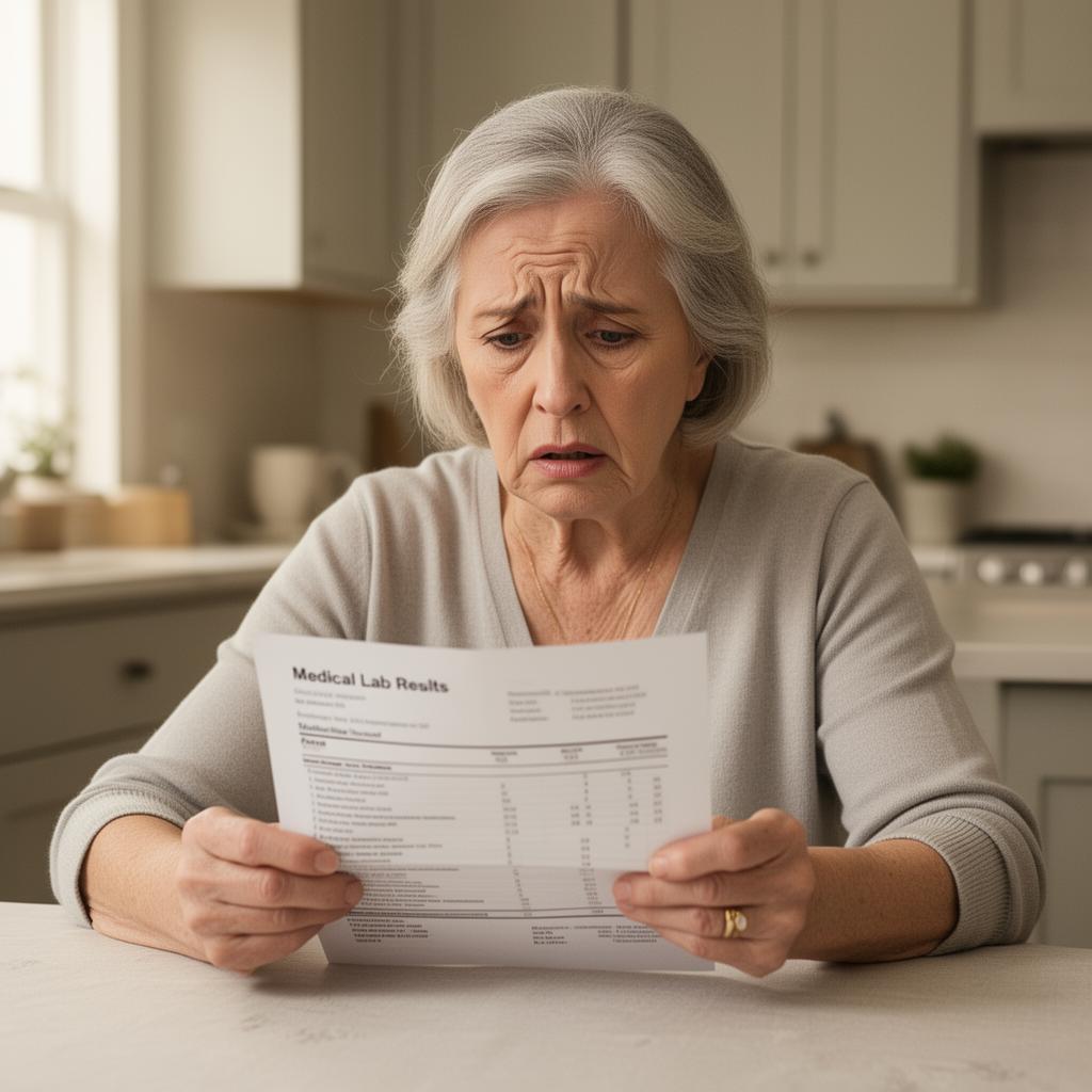Senior woman reviewing medical lab results with concerned expression