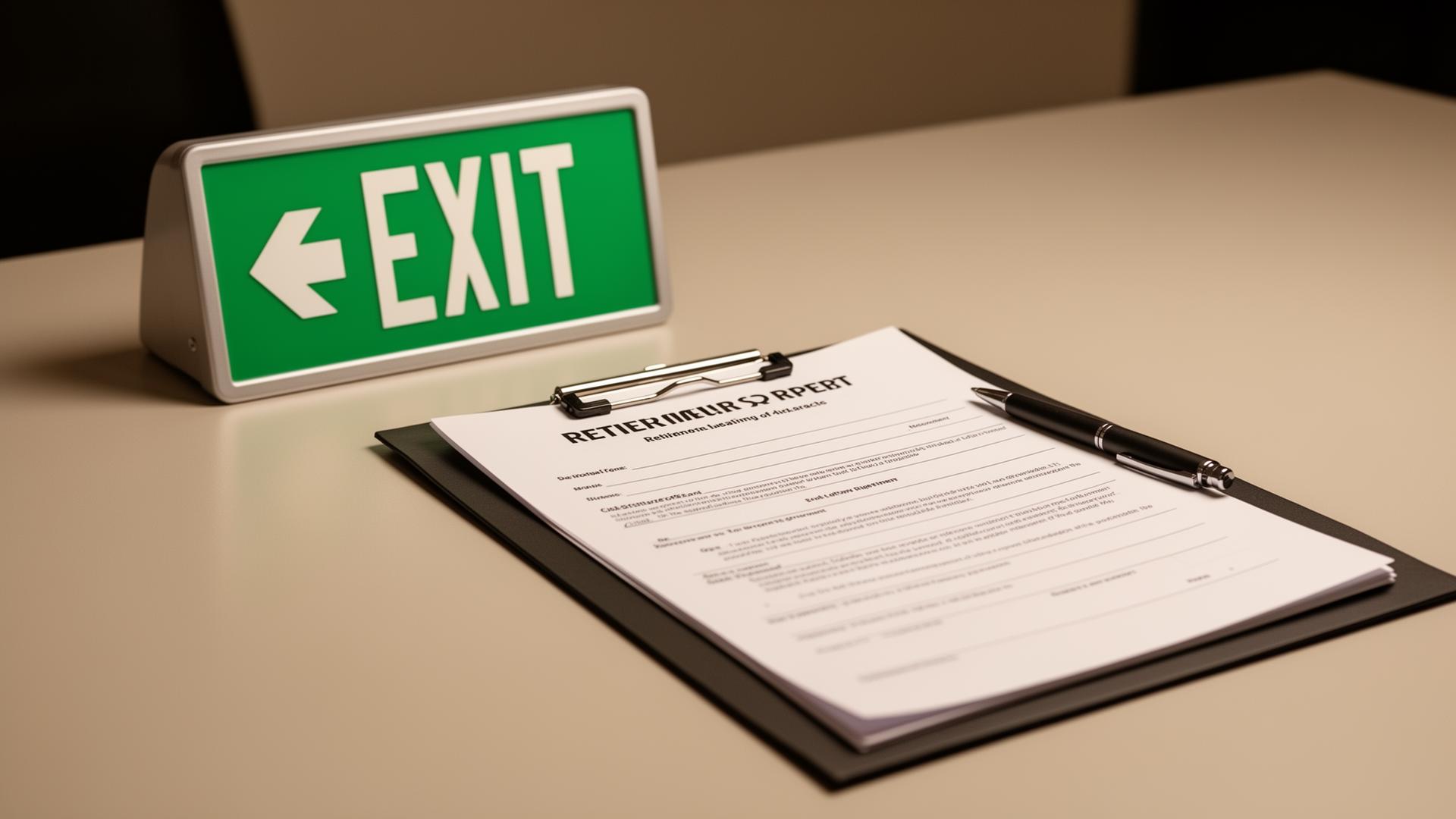 Workplace exit sign and retirement paperwork folder on desk with professional lighting