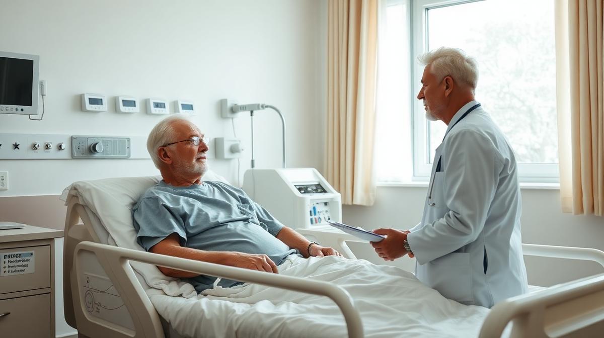 Older adult sitting upright in a hospital bed speaking calmly with a doctor in a clean hospital room
