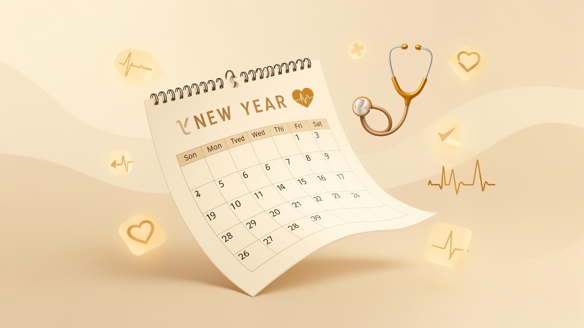 Soft abstract illustration of a calendar turning into a new year with gentle medical icons and warm neutral tones