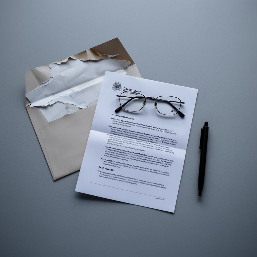 Government statement letter with torn envelope, reading glasses, and pen on a gray surface