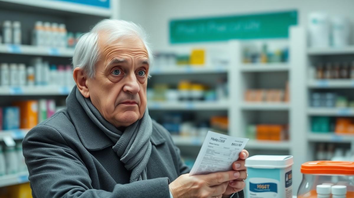 Older adult at pharmacy counter looking surprised at prescription cost