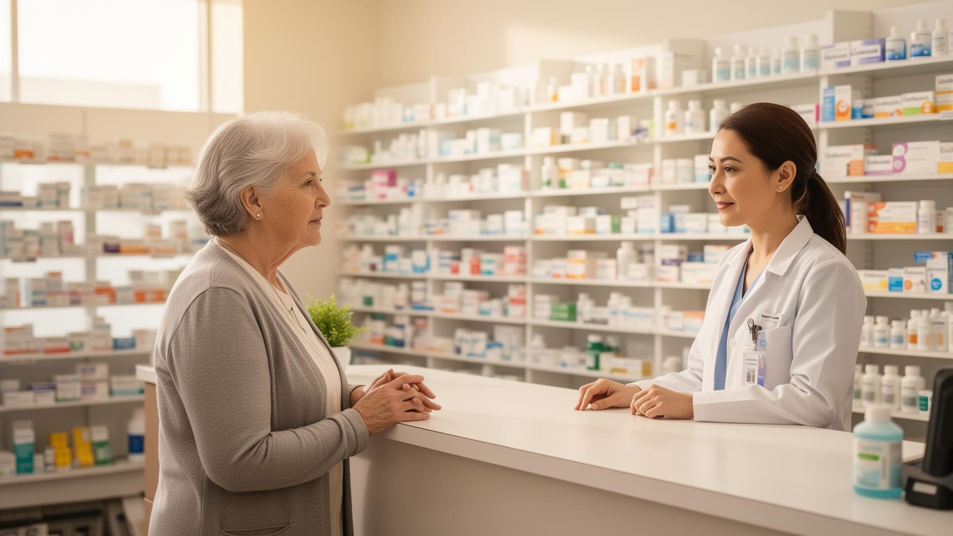 Older adult speaking with a pharmacist at a pharmacy counter in a bright, clean pharmacy interior