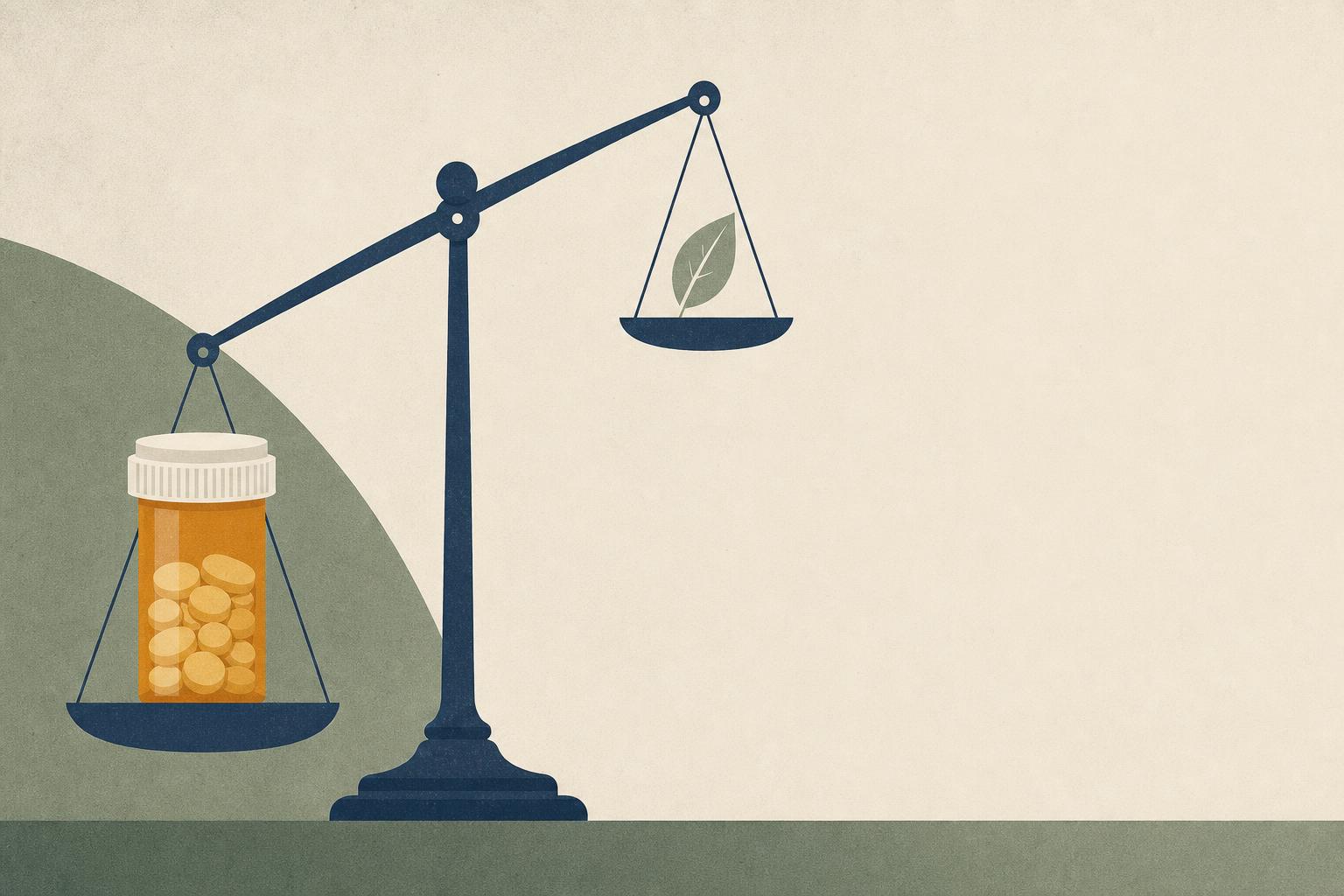 Editorial flat illustration of a balanced scale tilted heavily toward an amber prescription pill bottle, with a small green leaf representing a non-opioid alternative on the raised side