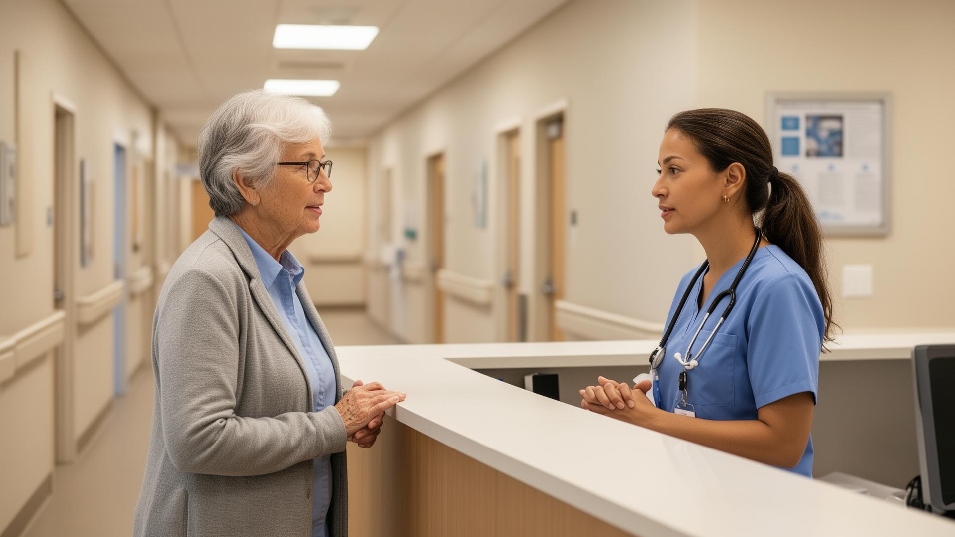 Older adult speaking with a nurse at a medical clinic reception area