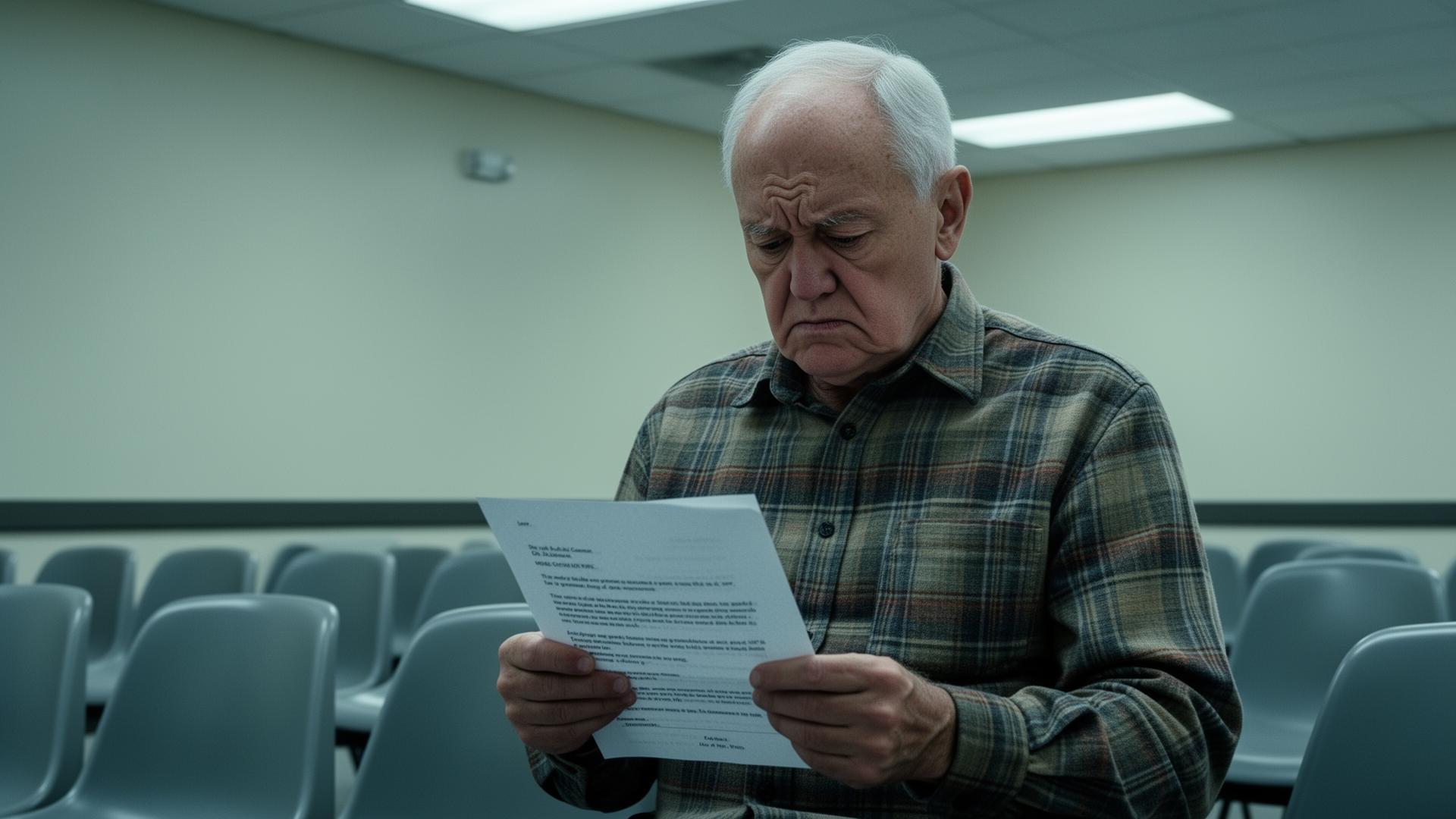 Older man in a sparse waiting room holding a denial letter with a frustrated expression