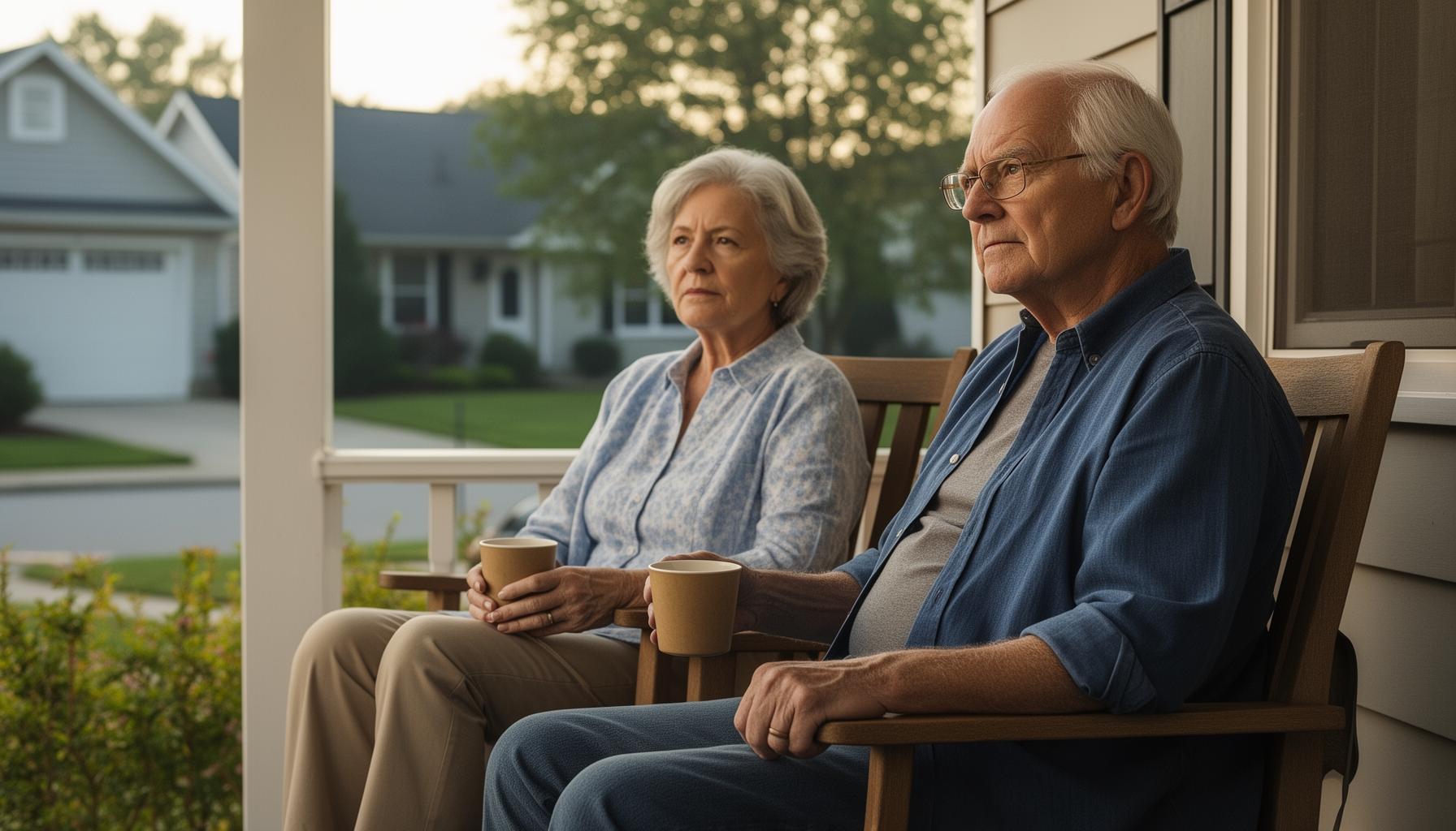 Older couple sitting on a quiet front porch with coffee in morning light, relaxed but reflective