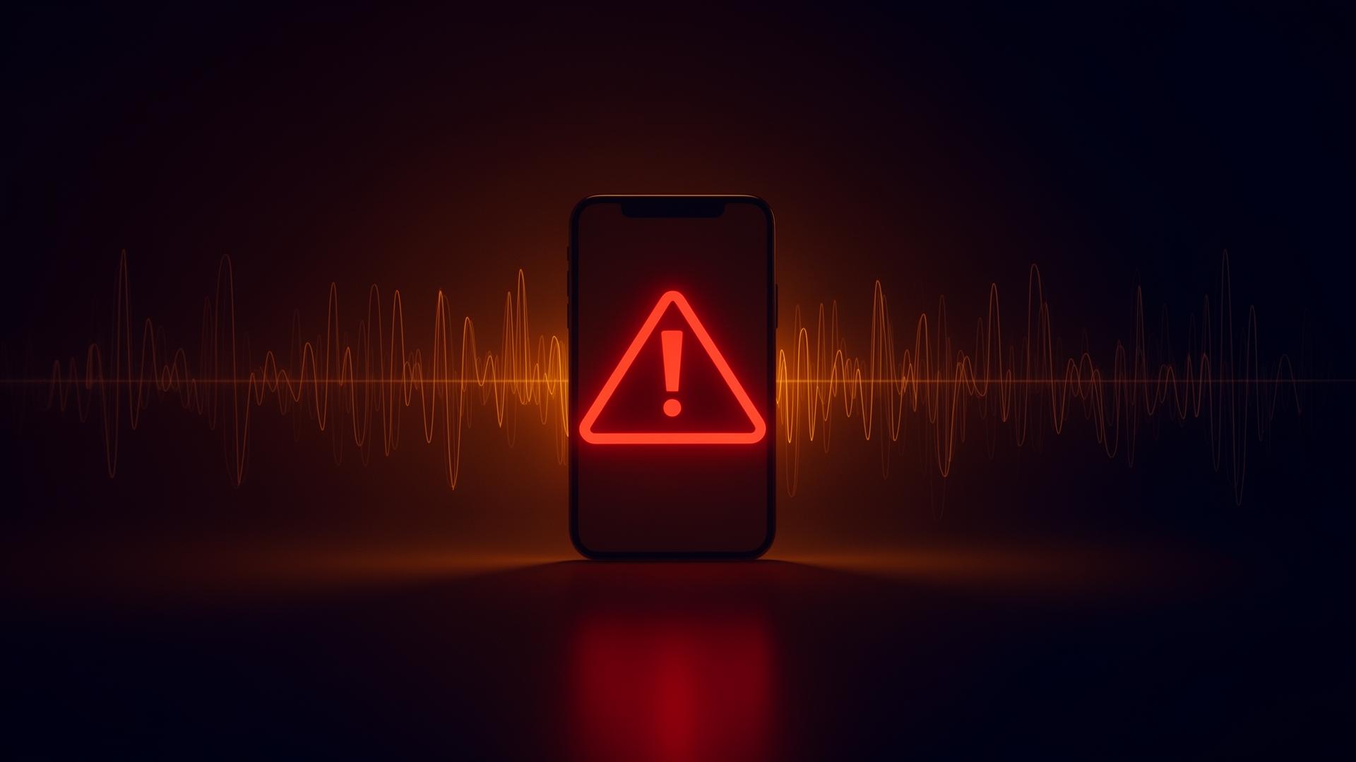 Smartphone displaying a red warning symbol with AI voice waveform patterns in the background