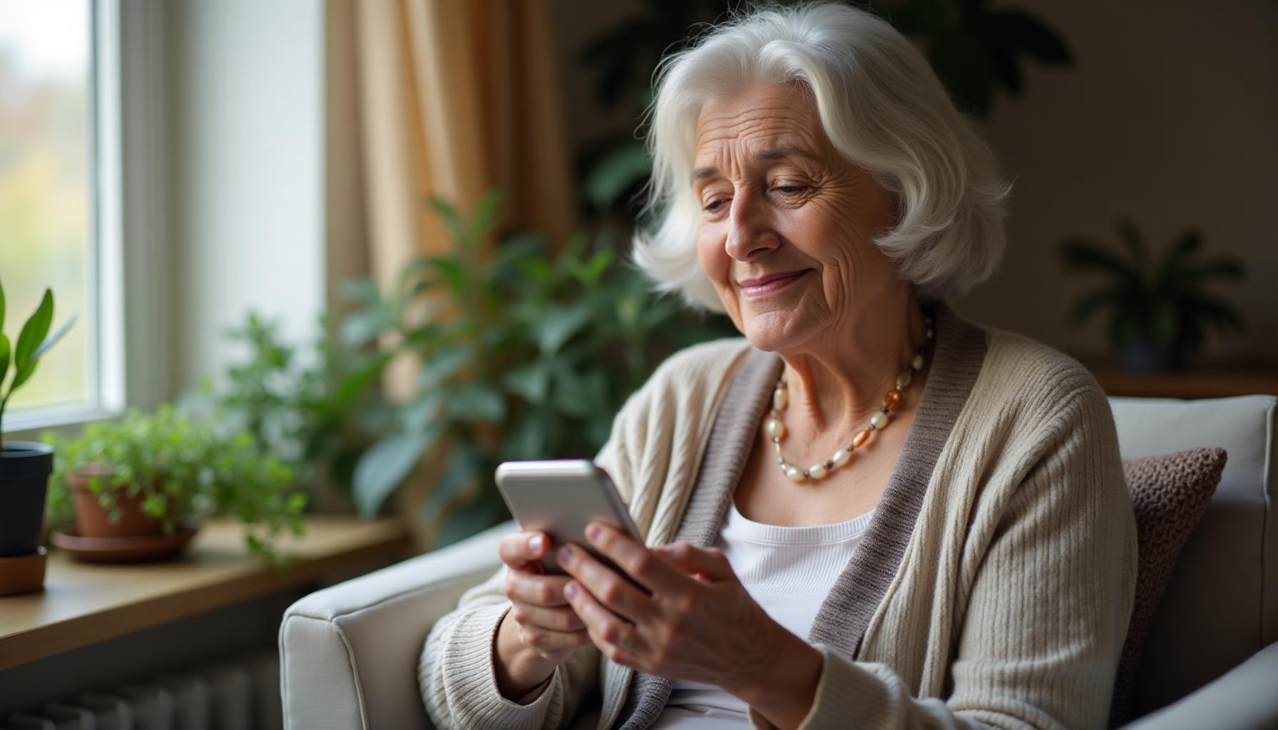 Older adult calmly reviewing a phone notification at home