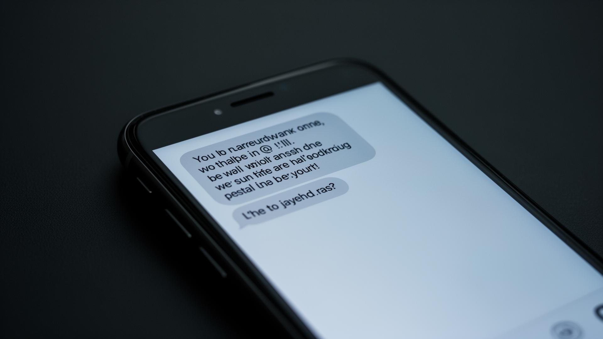 Smartphone showing suspicious text message notification on dark background
