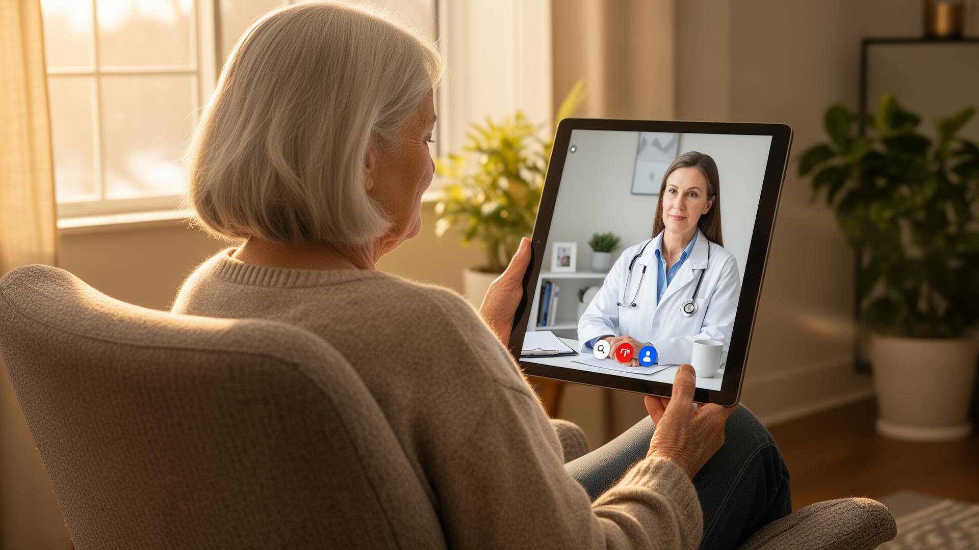 Senior adult using a tablet for a virtual doctor visit from their living room couch