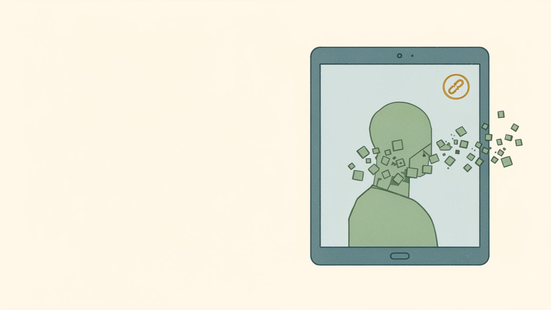 Editorial flat illustration of a tablet screen with a doctor silhouette fragmenting and pixelating apart, symbolizing Medicare telehealth access disconnecting