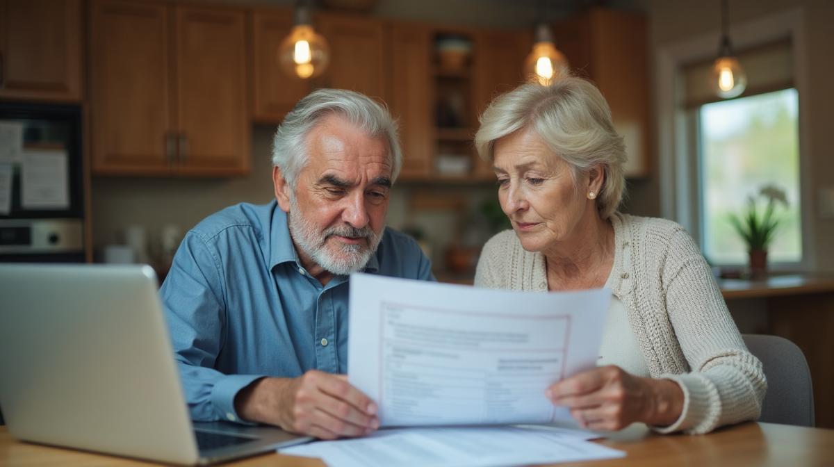 Senior couple reviewing Medicare paperwork at home