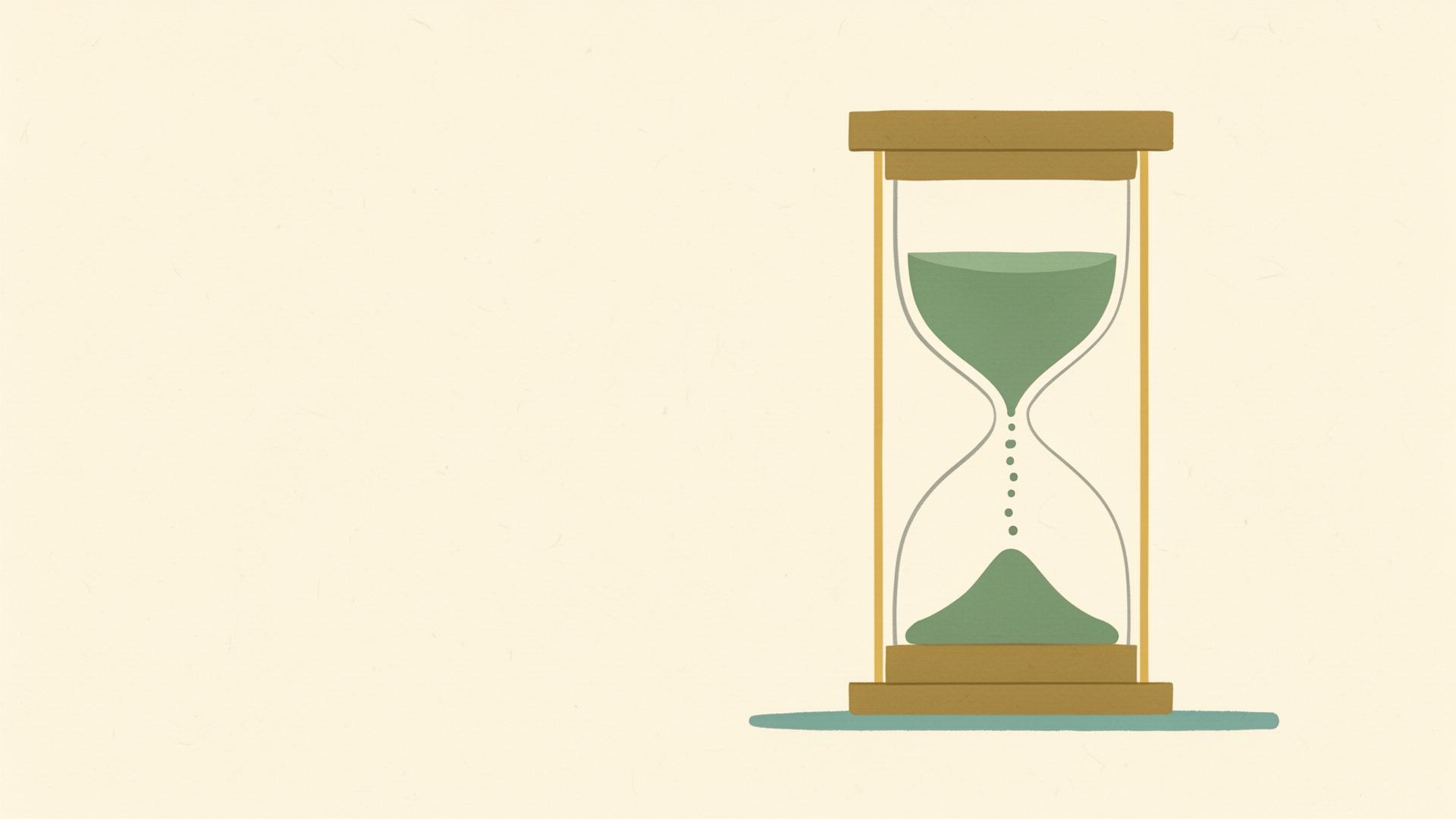 Editorial flat illustration of a muted gold and sage green hourglass with sand still actively flowing, the upper chamber roughly half full — a quiet visual metaphor for the 2026 Medicare Trustees' Report projection that the Hospital Insurance Trust Fund will be depleted in 2033
