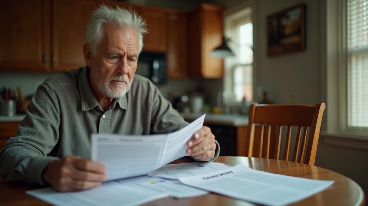 Senior reviewing Medicare paperwork at kitchen table