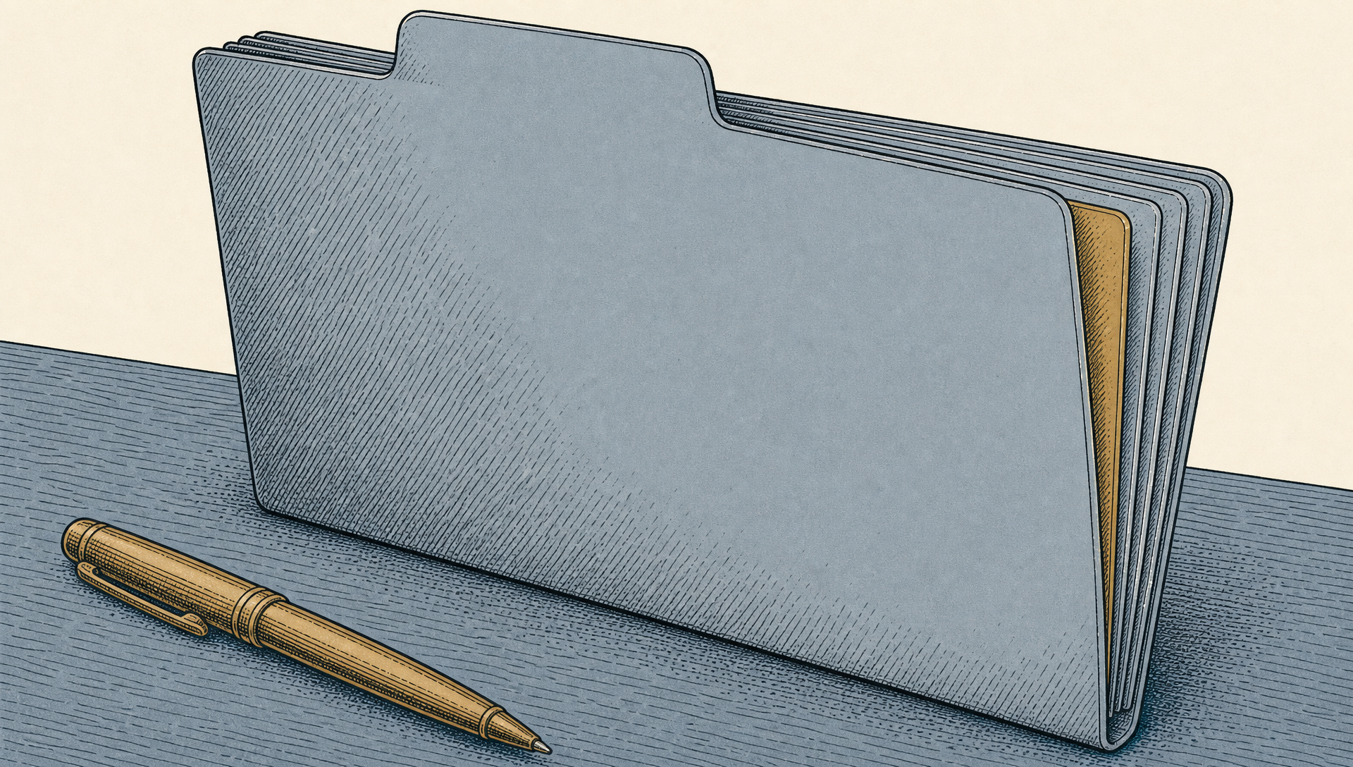 Flat engraved-plate illustration of a medical file folder fanned open at the top, with a single brass page edge standing apart from the slate-toned pages, and a pen resting beside it