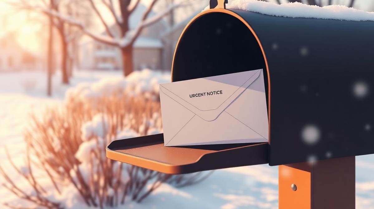 Winter mailbox with an urgent notice envelope, conceptual illustration of end-of-year Medicare plan changes
