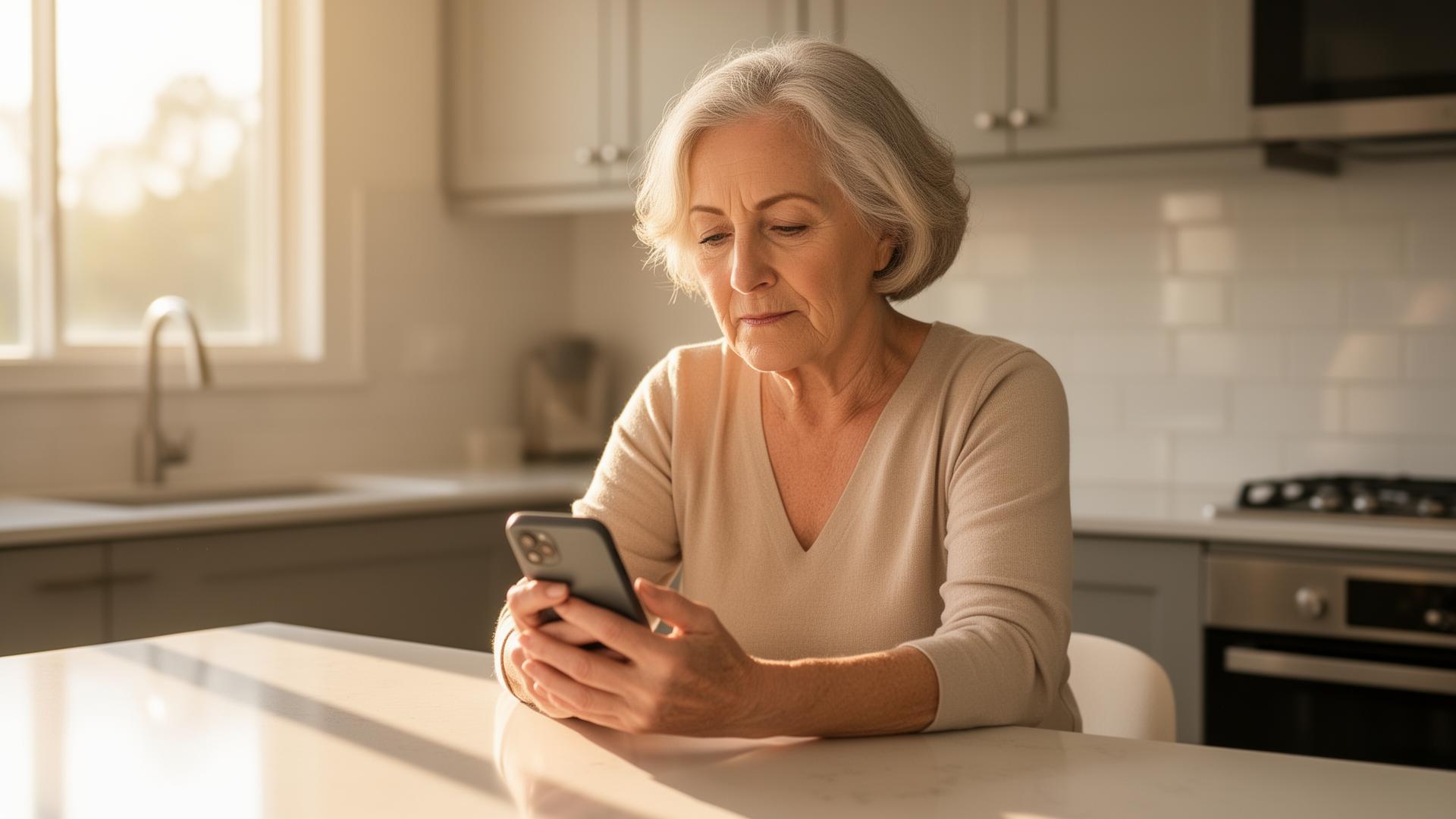 Senior woman sitting at a kitchen counter in morning light looking at her phone with a thoughtful expression