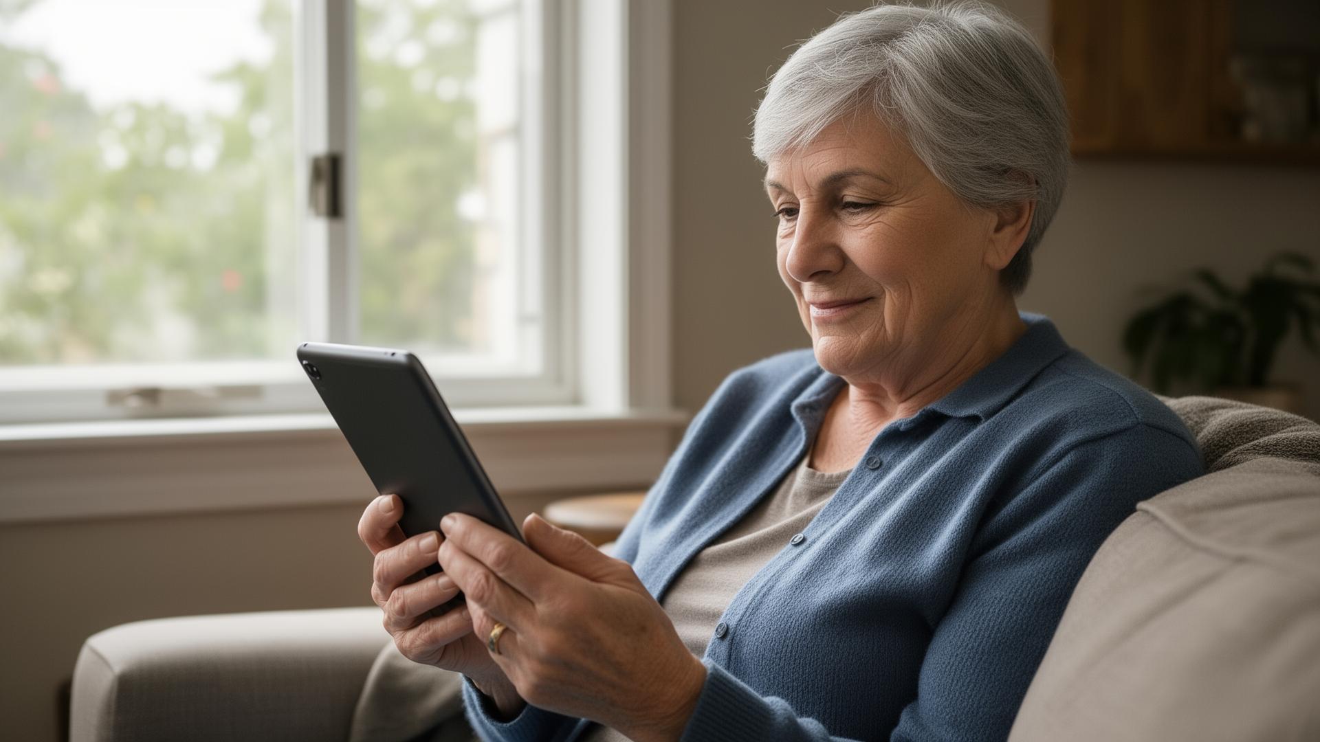 Older adult looking at a phone notification calmly near a window in a home living room