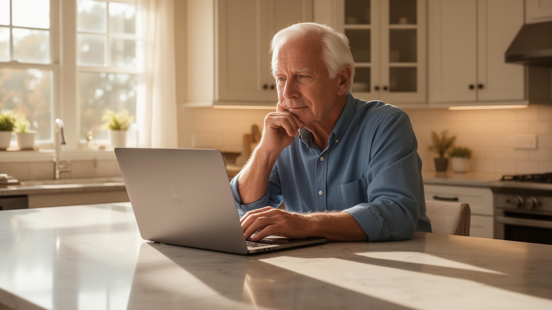 Senior man sitting at a kitchen island with a laptop open, looking thoughtful but calm in natural light