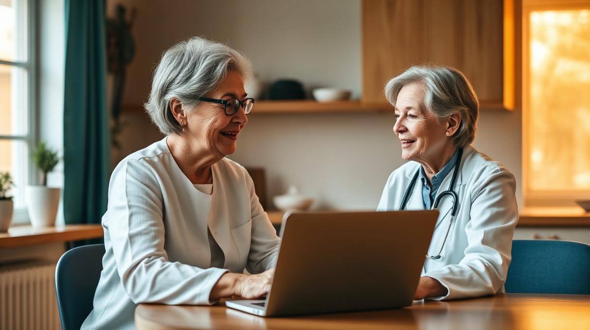 Senior speaking with doctor via telehealth on laptop