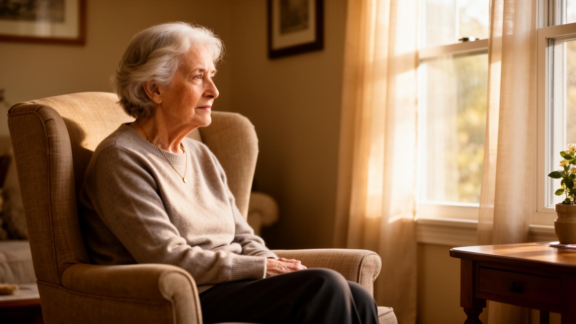 Older adult sitting reflectively in a quiet living room, looking out a window with a thoughtful, calm expression