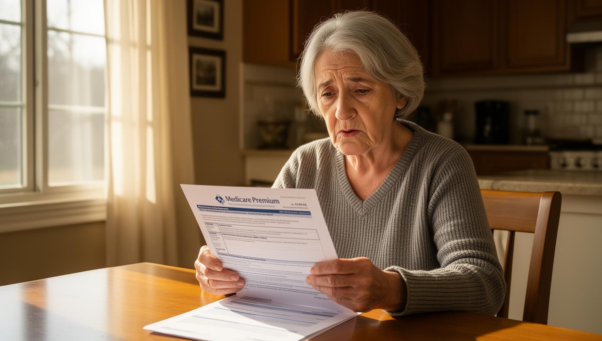 Older adult sitting at kitchen table reviewing a Medicare premium notice with a thoughtful expression